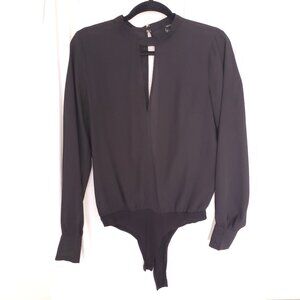 Forever 21 Women Black Long Sleeve Sheer Open Back Blouse Bodysuit Size L